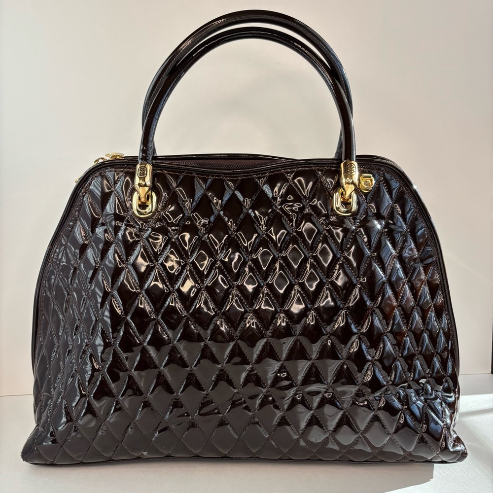Marino Orlandi Italy Dark Brown Patent Leather Diamond Quilted Travel Tote Bag‎